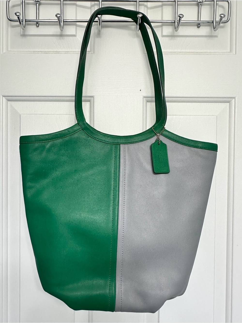 Coach 2020 Bea Leather Tote In Colorblock Green And Gray